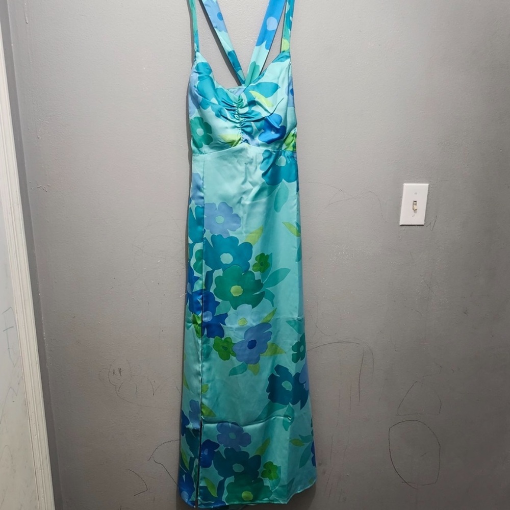 Show Me Your Mumu Mina Turquoise Floral Midi Dress Small Slit Resort Vacation - Picture 3 of 6